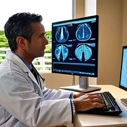 Home 6 **Image Prompt:** A doctor in a modern office on a tropical island using telemedicine to consult with a specialist on a computer screen. In the background, show a map highlighting the distance to major medical centers like Honolulu. Emphasize the hope that technology brings in bridging geographical gaps.