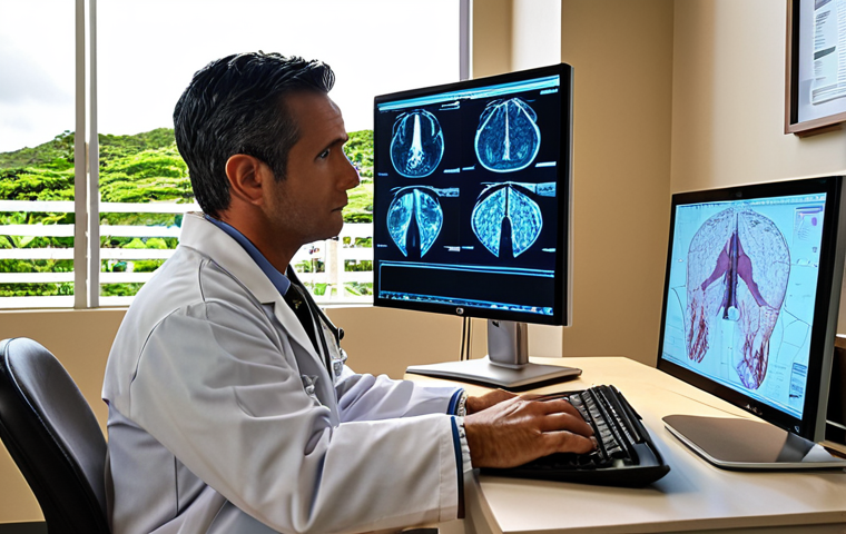 **Image Prompt:** A doctor in a modern office on a tropical island using telemedicine to consult with a specialist on a computer screen. In the background, show a map highlighting the distance to major medical centers like Honolulu. Emphasize the hope that technology brings in bridging geographical gaps.