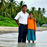 Climate Change Impact**

"A fully clothed Marshallese family stands on a receding shoreline, looking out at the rising sea. Modest clothing. Houses in the background are partially submerged. A sense of loss and concern is evident in their faces.  Safe for work, appropriate content, family-friendly, professional photography, perfect anatomy, correct proportions, natural pose, well-formed hands, proper finger count, natural body proportions. Focus on the human element of climate change.  High quality."

**