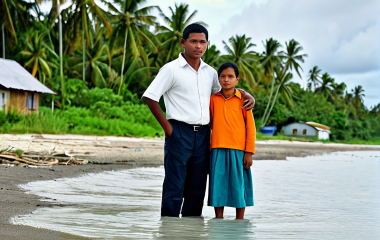 Climate Change Impact**
"A fully clothed Marshallese family stands on a receding shoreline, looking out at the rising sea. Modest clothing. Houses in the background are partially submerged. A sense of loss and concern is evident in their faces. Safe for work, appropriate content, family-friendly, professional photography, perfect anatomy, correct proportions, natural pose, well-formed hands, proper finger count, natural body proportions. Focus on the human element of climate change. High quality."
**