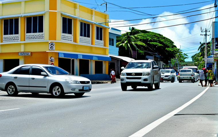 Urban Traffic Issues**
"A busy street scene in Majuro, Marshall Islands, showing a mix of cars and pedestrians. Focus on a family carefully crossing the street. Buildings are visible in the background, with some showing signs of wear. fully clothed, appropriate attire, safe for work, perfect anatomy, natural proportions, photojournalistic style, realistic lighting, high quality, professional"
**
