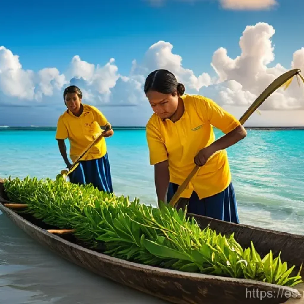 마셜 제도에서의 해양 보호 활동 - **Prompt:** A vibrant and hopeful scene on one of the Marshall Islands. Marshallese community member...