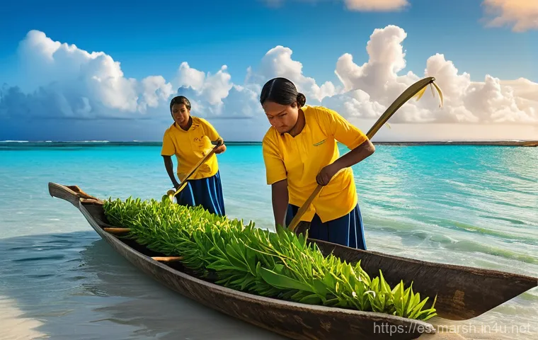 마셜 제도에서의 해양 보호 활동 - **Prompt:** A vibrant and hopeful scene on one of the Marshall Islands. Marshallese community member...