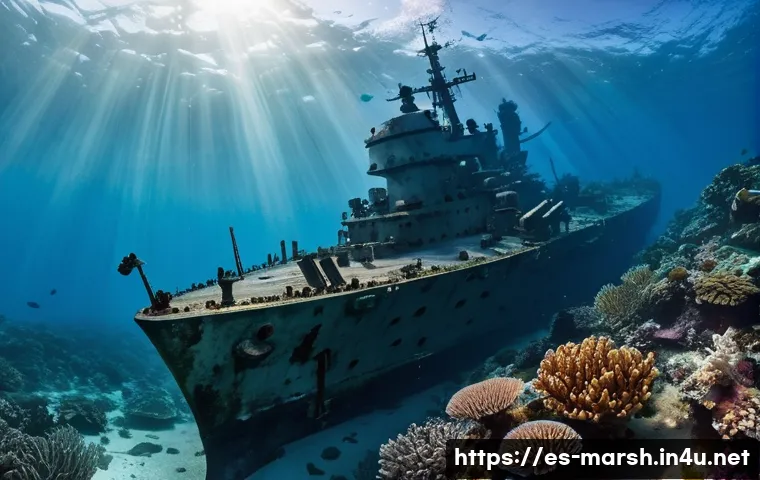 마셜 제도 스쿠버 다이빙 명소 - **Prompt:** A majestic underwater scene at Bikini Atoll, showcasing a colossal World War II battlesh...