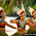 마셜 제도에서 볼 수 있는 전통 공연 - A vibrant traditional Marshallese dance scene at a cultural ceremony, featuring dancers wearing intr...