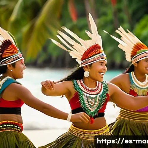 마셜 제도에서 볼 수 있는 전통 공연 - A vibrant traditional Marshallese dance scene at a cultural ceremony, featuring dancers wearing intr...