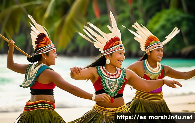 마셜 제도에서 볼 수 있는 전통 공연 - A vibrant traditional Marshallese dance scene at a cultural ceremony, featuring dancers wearing intr...