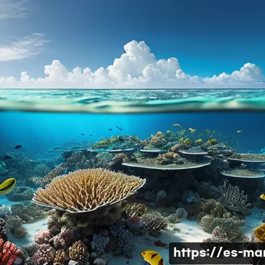 마셜 제도 핵 실험 역사 - A detailed and realistic illustration of a damaged coral reef ecosystem in the Marshall Islands, sho...