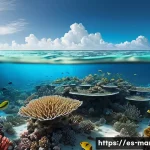 마셜 제도 핵 실험 역사 - A detailed and realistic illustration of a damaged coral reef ecosystem in the Marshall Islands, sho...