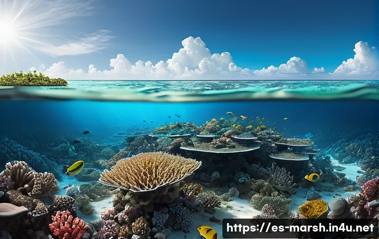 마셜 제도 핵 실험 역사 - A detailed and realistic illustration of a damaged coral reef ecosystem in the Marshall Islands, sho...