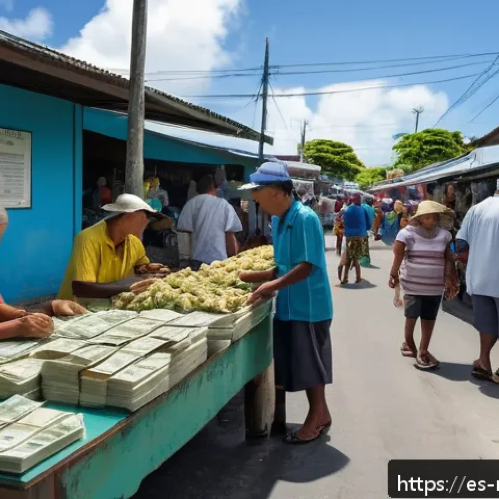 마셜 제도에서의 금융 및 환전 정보 - A detailed, vibrant street scene in the urban center of Majuro, Marshall Islands, showing a busy mar...