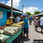 마셜 제도에서의 금융 및 환전 정보 - A detailed, vibrant street scene in the urban center of Majuro, Marshall Islands, showing a busy mar...