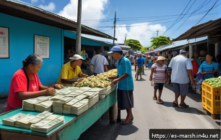 마셜 제도에서의 금융 및 환전 정보 - A detailed, vibrant street scene in the urban center of Majuro, Marshall Islands, showing a busy mar...