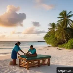 마셜 제도에서의 스파 및 마사지 추천 - A serene spa scene on a Marshall Islands beach at sunset, featuring a local female therapist giving ...