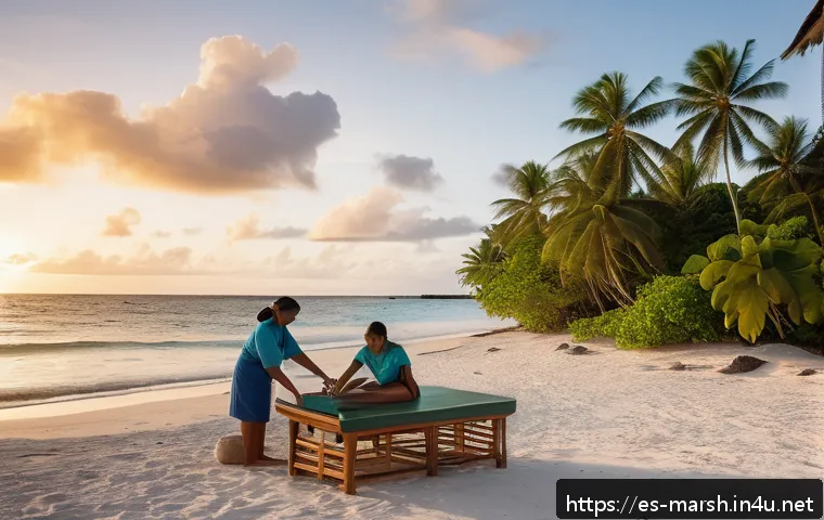 마셜 제도에서의 스파 및 마사지 추천 - A serene spa scene on a Marshall Islands beach at sunset, featuring a local female therapist giving ...