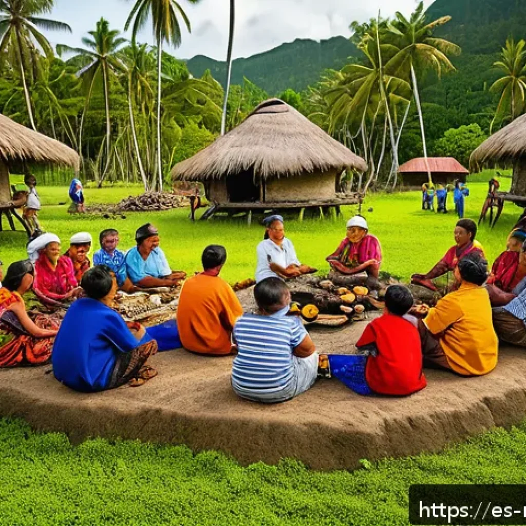 마셜 제도와 미크로네시아 다른 지역과 비교 - A vibrant traditional Micronesian village scene during a communal festival, featuring extended famil...