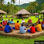 마셜 제도와 미크로네시아 다른 지역과 비교 - A vibrant traditional Micronesian village scene during a communal festival, featuring extended famil...