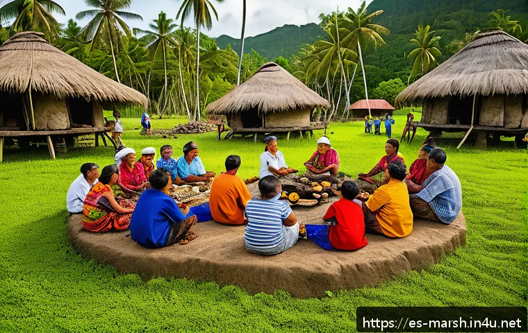 마셜 제도와 미크로네시아 다른 지역과 비교 - A vibrant traditional Micronesian village scene during a communal festival, featuring extended famil...