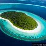 마셜 제도에서의 야생 동물과 자연 보호구역 - Photorealistic aerial view of a protected coral atoll in the Marshall Islands, turquoise lagoon enci...