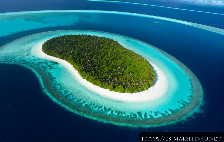 마셜 제도에서의 야생 동물과 자연 보호구역 - Photorealistic aerial view of a protected coral atoll in the Marshall Islands, turquoise lagoon enci...