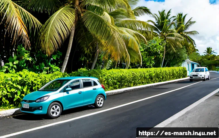 Home 17 마셜 제도 여행 시 렌터카 이용 가능 여부 - Photorealistic travel scene on Majuro Atoll, a compact rental car parked beside a quiet palm-lined c...