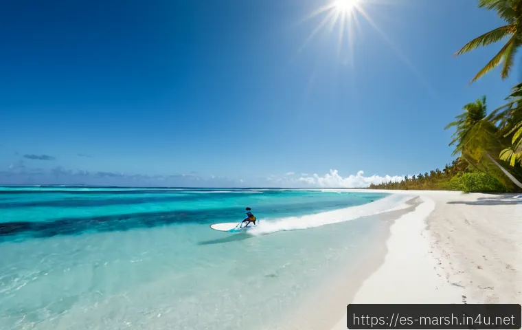 마셜 제도 서핑과 해양 스포츠 - Photorealistic wide-angle scene of a skilled surfer riding a clean turquoise reef break in the Marsh...